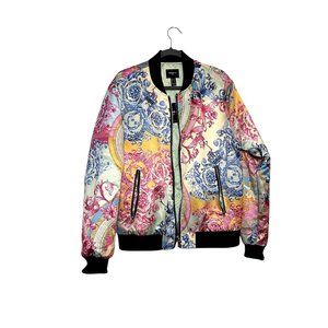 NEW Forever 21 Men Satin Floral Print Bomber Jacket Sz L Lion Colorful Unique